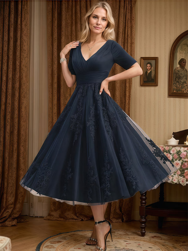 V-Neck Half Sleeve Tea-Length Tulle/Lace/Chiffon Mother of the Bride Dress With Pleated/Appliques BabaMila