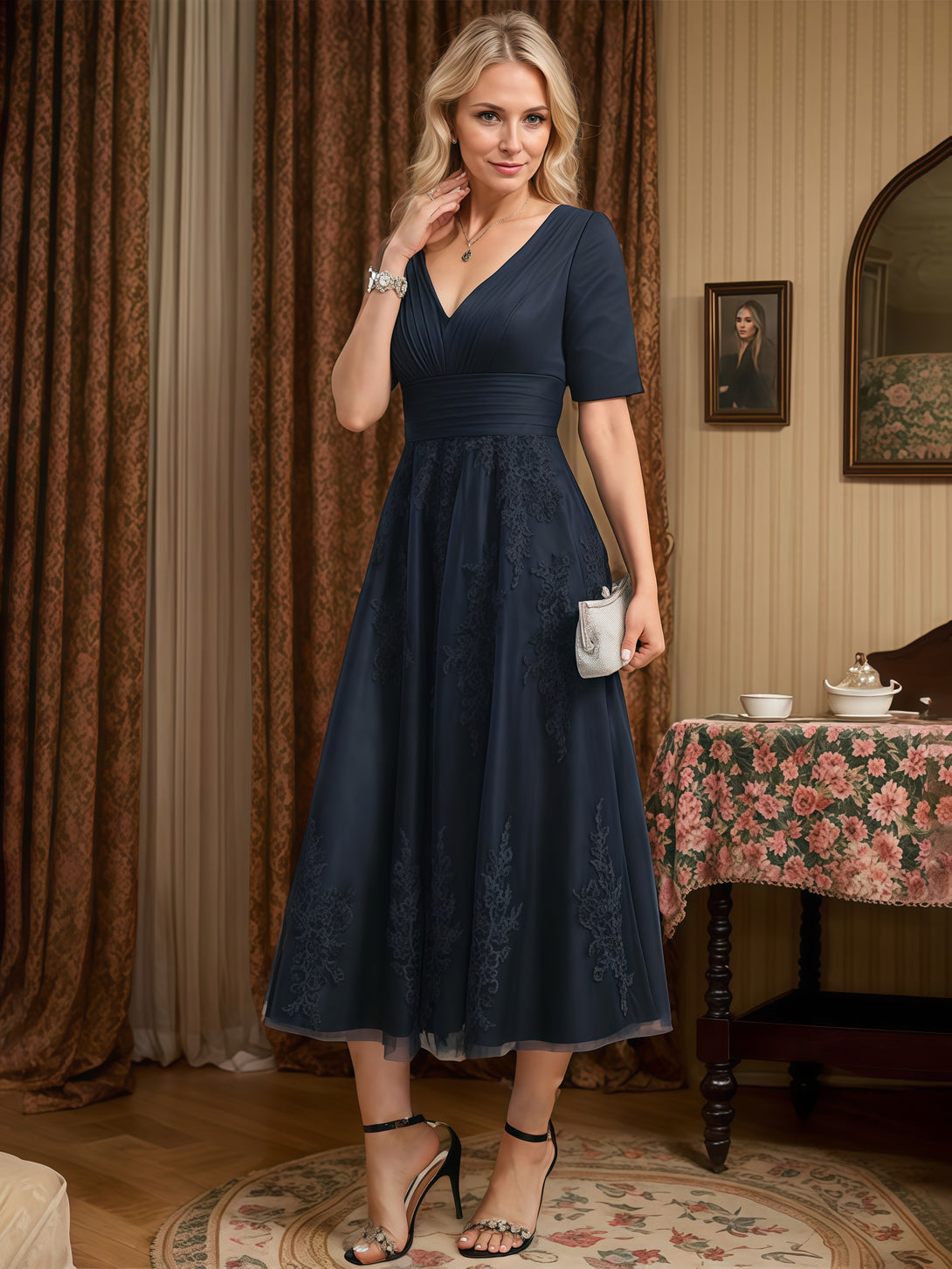 V-Neck Half Sleeve Tea-Length Tulle/Lace/Chiffon Mother of the Bride Dress With Pleated/Appliques BabaMila
