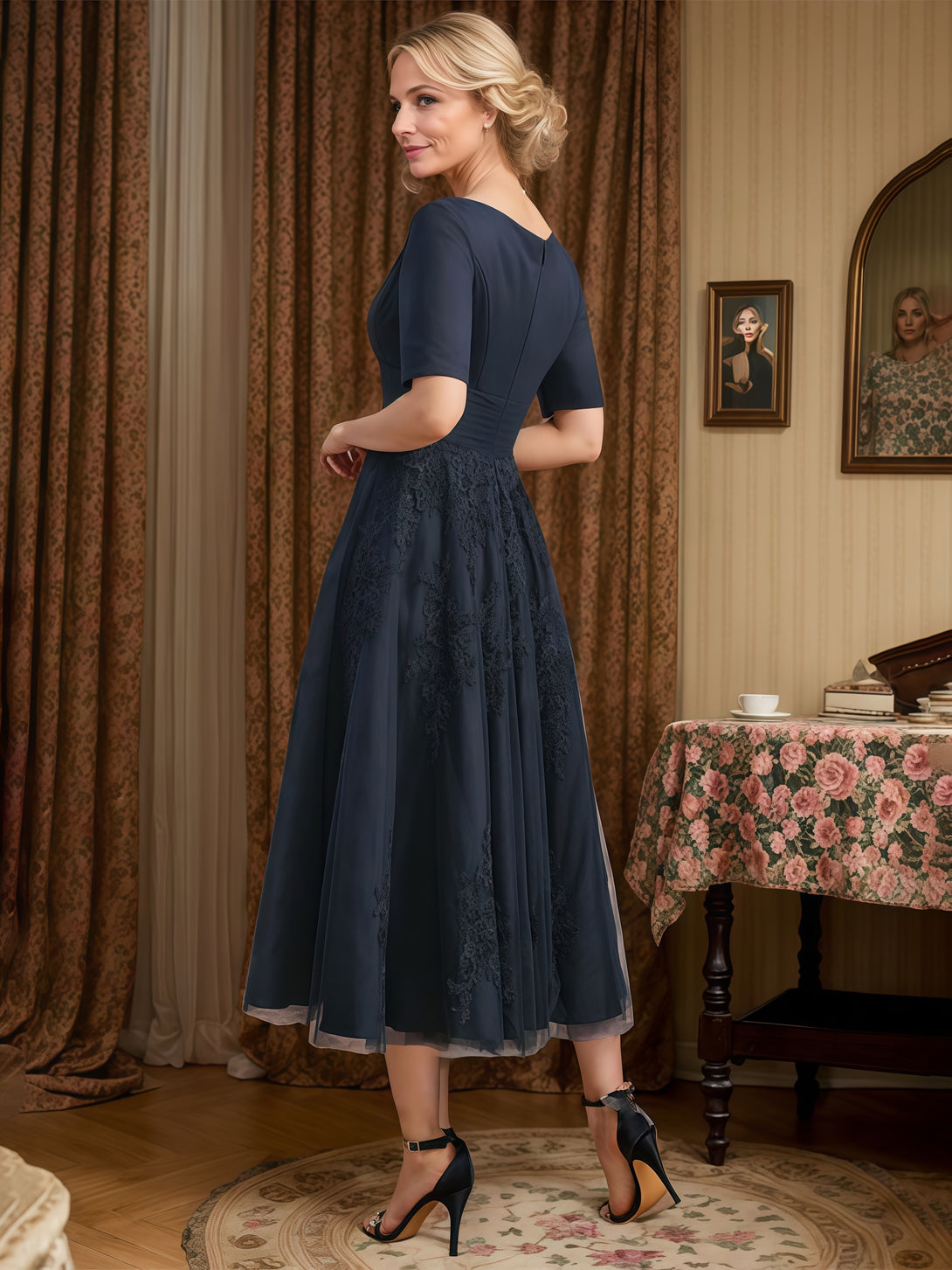 V-Neck Half Sleeve Tea-Length Tulle/Lace/Chiffon Mother of the Bride Dress With Pleated/Appliques BabaMila