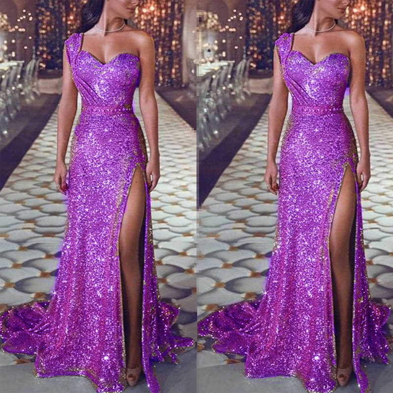 Sheath/Column One-Shoulder Floor-length Long Prom Dresses With Split Side/Pleated BabaMila
