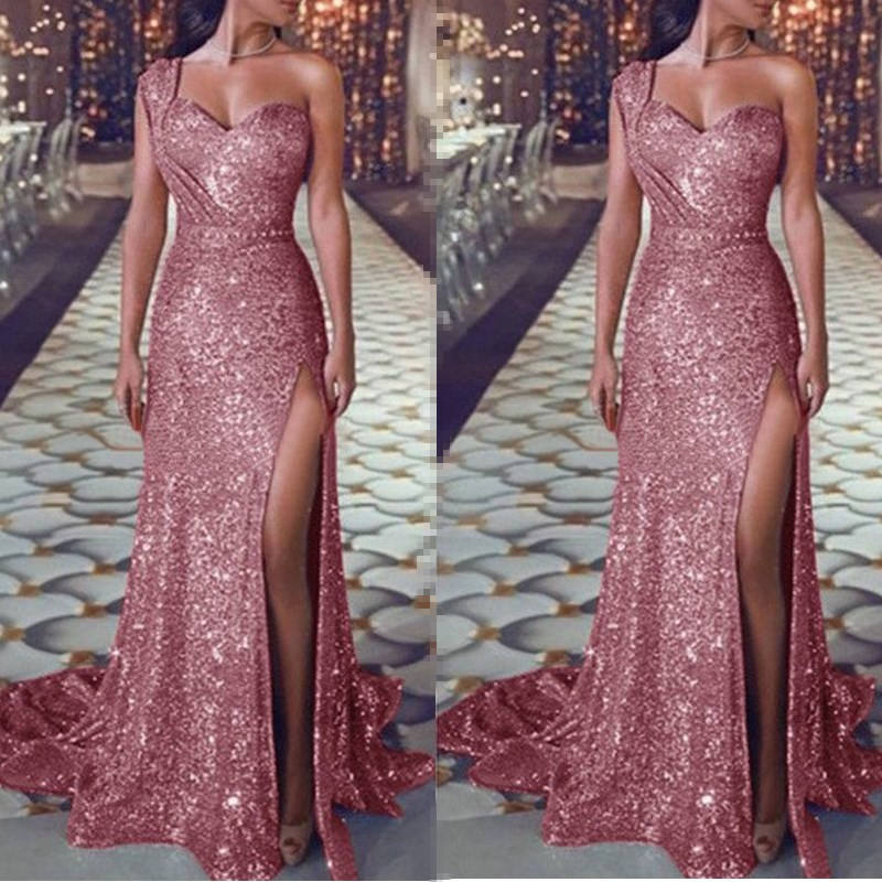 Sheath/Column One-Shoulder Floor-length Long Prom Dresses With Split Side/Pleated BabaMila