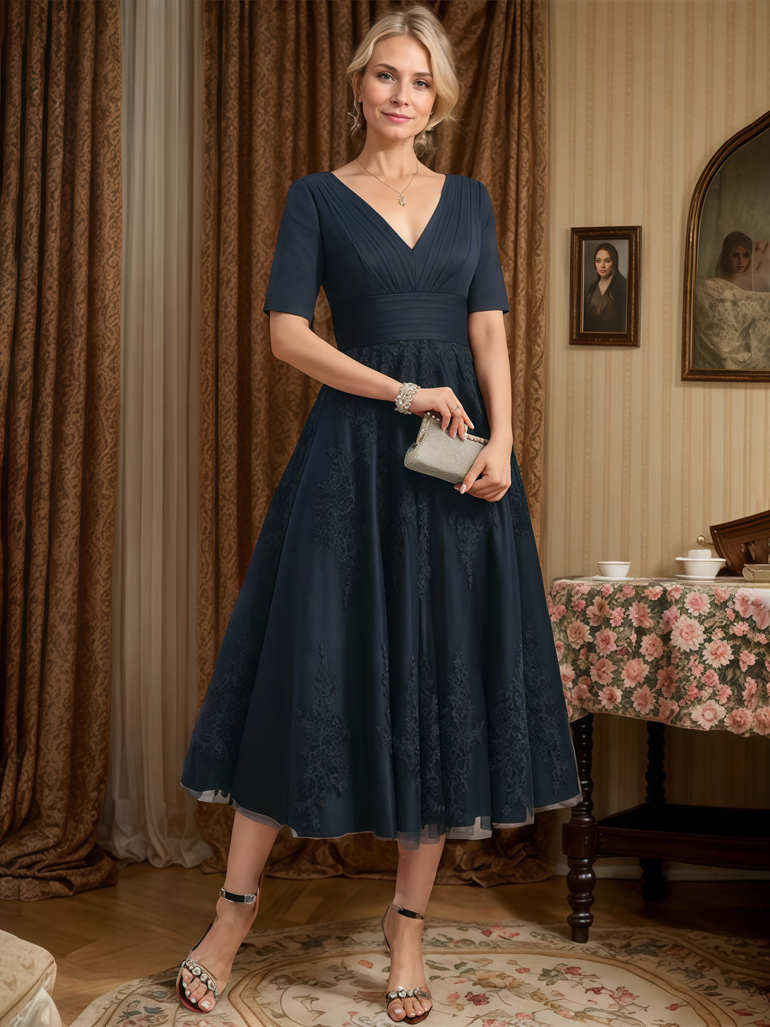 V-Neck Half Sleeve Tea-Length Tulle/Lace/Chiffon Mother of the Bride Dress With Pleated/Appliques BabaMila