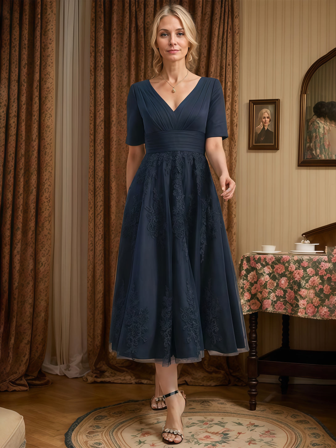 V-Neck Half Sleeve Tea-Length Tulle/Lace/Chiffon Mother of the Bride Dress With Pleated/Appliques BabaMila