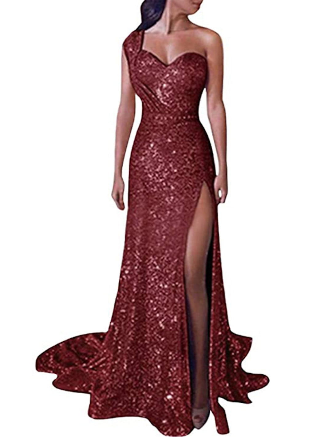Sheath/Column One-Shoulder Floor-length Long Prom Dresses With Split Side/Pleated BabaMila