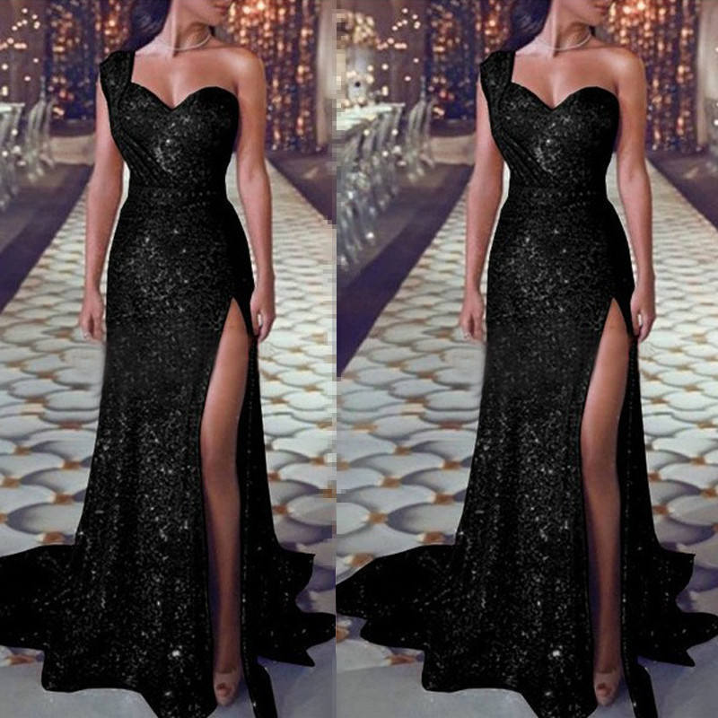 Sheath/Column One-Shoulder Floor-length Long Prom Dresses With Split Side/Pleated BabaMila