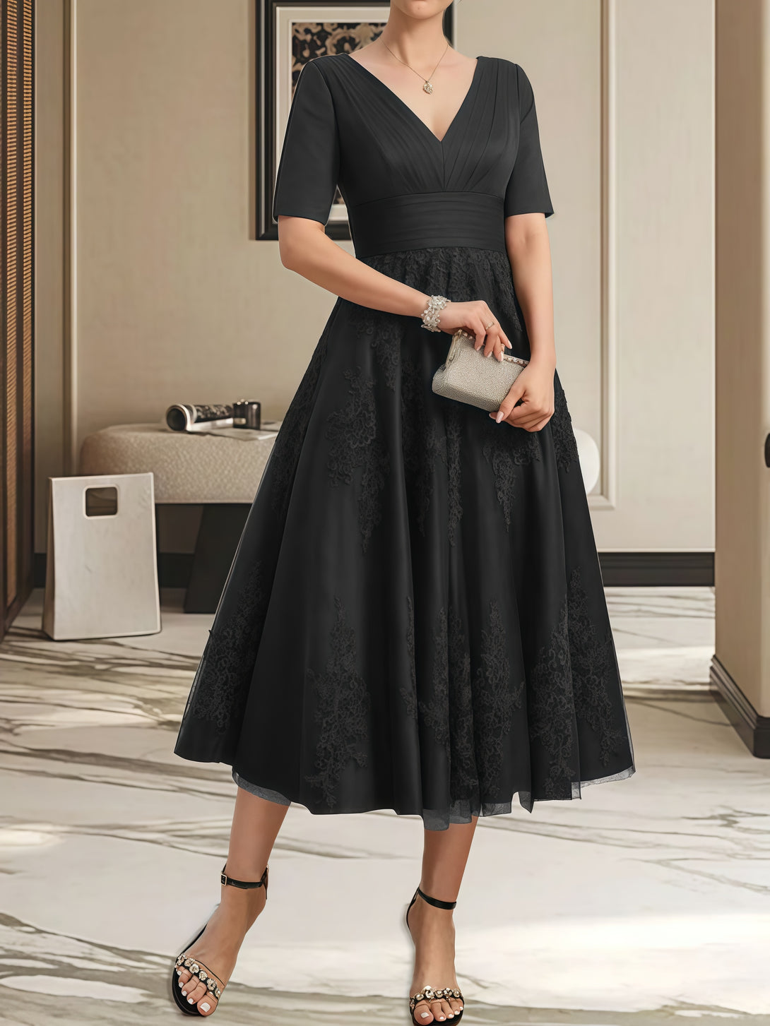V-Neck Half Sleeve Tea-Length Tulle/Lace/Chiffon Mother of the Bride Dress With Pleated/Appliques BabaMila