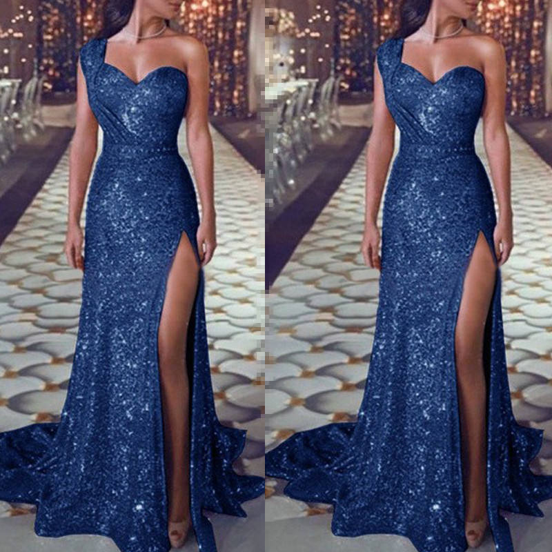 Sheath/Column One-Shoulder Floor-length Long Prom Dresses With Split Side/Pleated BabaMila