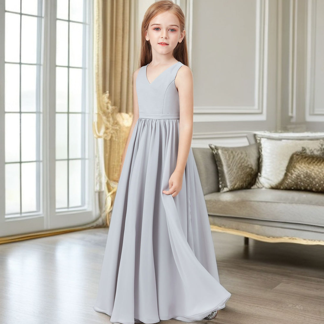 Simple A-Line V-Neck Sleeveless Floor-Length Chiffon Junior Bridesmaid Dress/Girls Birthday Dresses With Belt Gidiondress