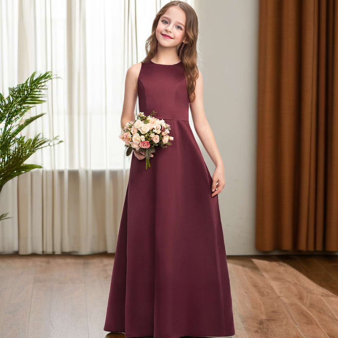 A-Line Sleeveless Scoop Neck Simple Floor-Length Satin Junior Bridesmaid Dress/Girls Birthday Dresses Girls Gidiondress