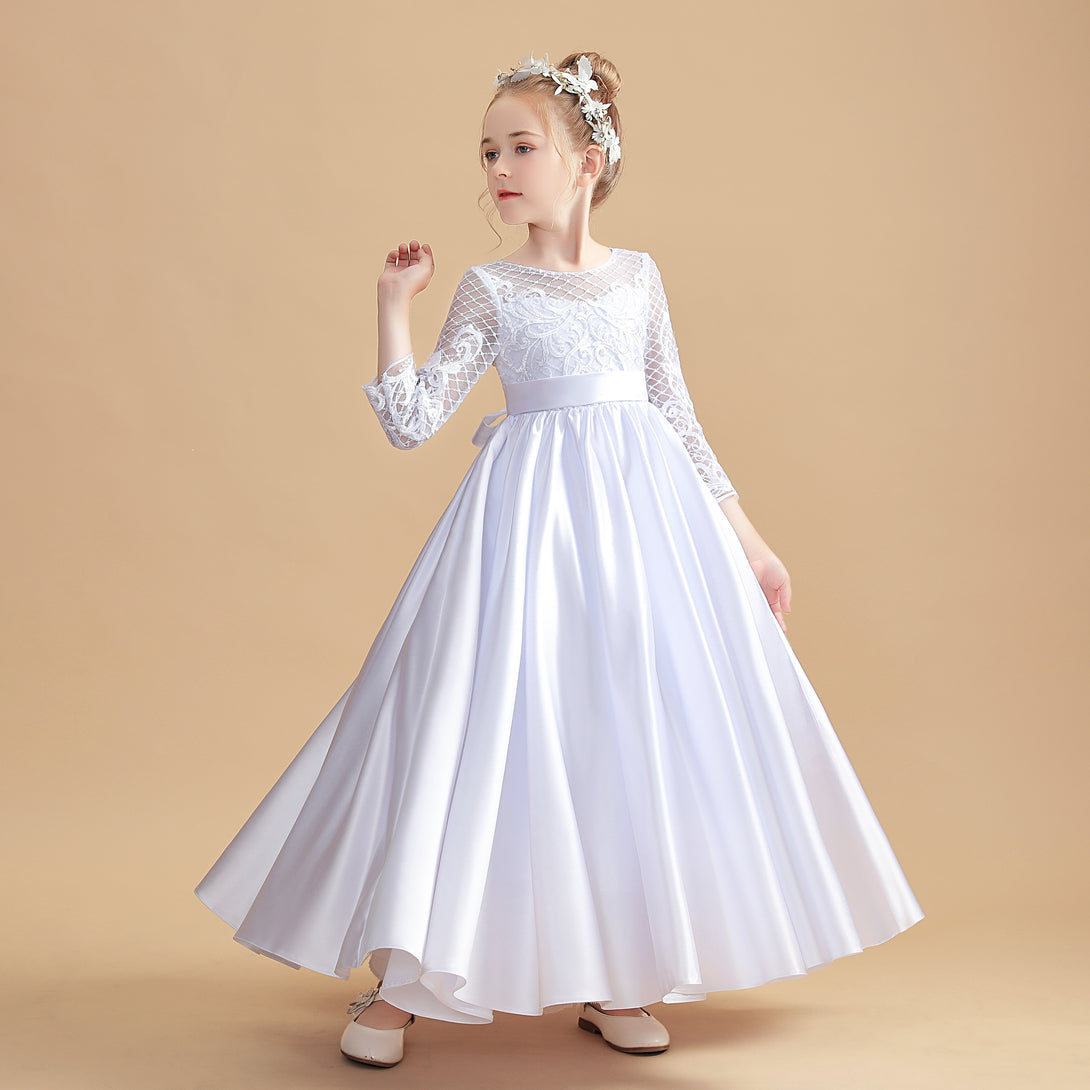 Ball Gown Long Sleeve Scoop Neck Floor-Length Tulle/Satin/Lace Flower Girl Dresses/First Communion Dress With Appliques/Belt Girls Gidiondress