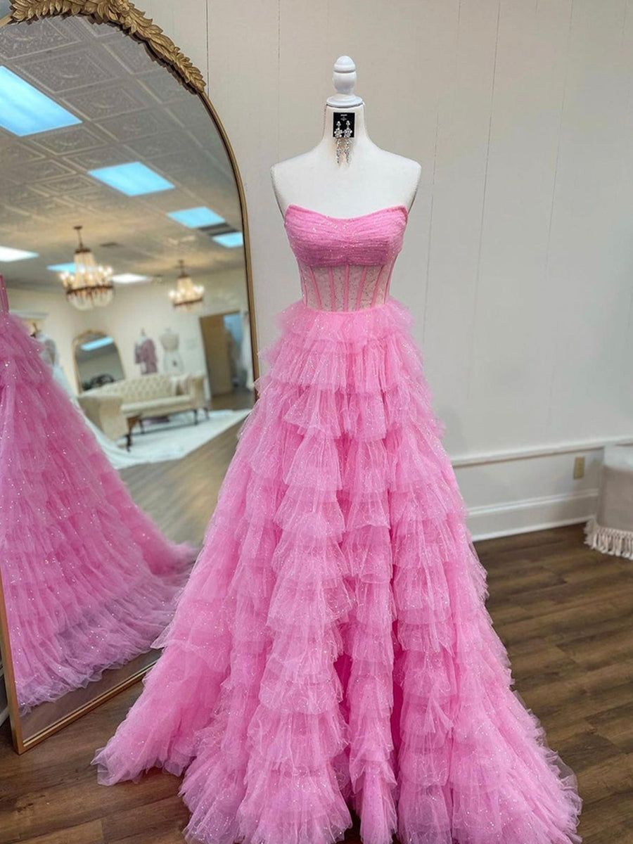A-Line/Princess Strapless Sleeveless Tulle Pleated Prom Dresses with Ruffles/Sequins BabaMila