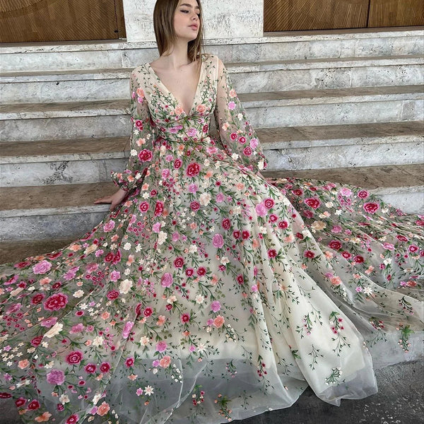 A-Line/Princess V-Neck Long Sleeves Floral Formal Champagne Party Dresses With Flowers BabaMila