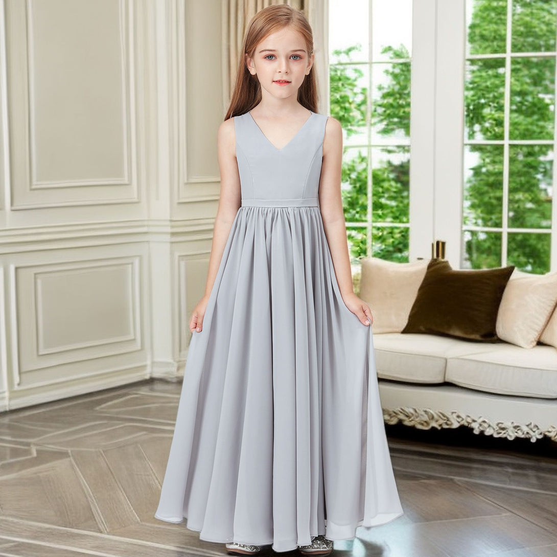 Simple A-Line V-Neck Sleeveless Floor-Length Chiffon Junior Bridesmaid Dress/Girls Birthday Dresses With Belt Gidiondress as picture 12M