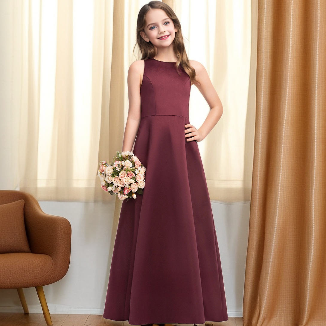 A-Line Sleeveless Scoop Neck Simple Floor-Length Satin Junior Bridesmaid Dress/Girls Birthday Dresses Girls Gidiondress