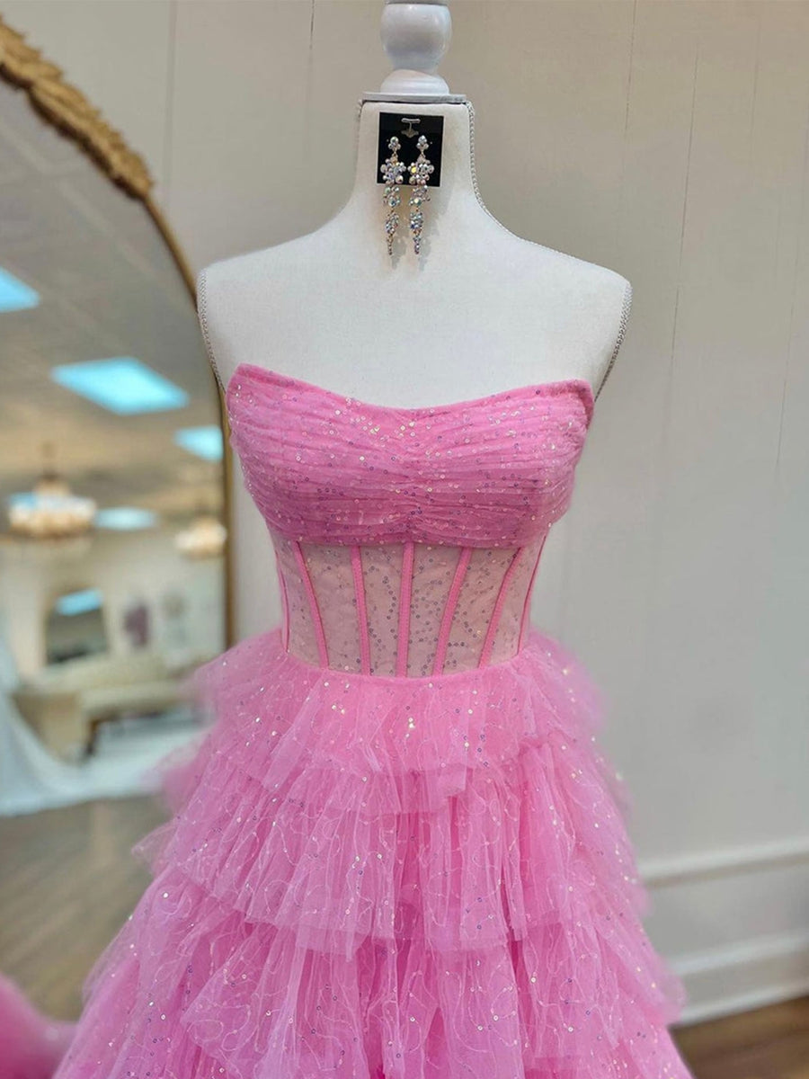 A-Line/Princess Strapless Sleeveless Tulle Pleated Prom Dresses with Ruffles/Sequins BabaMila