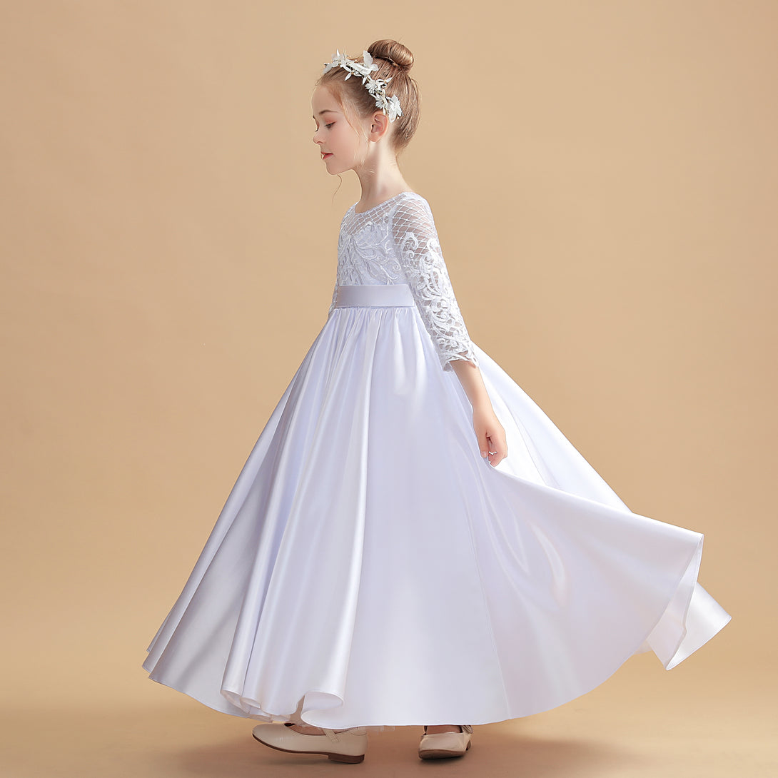 Ball Gown Long Sleeve Scoop Neck Floor-Length Tulle/Satin/Lace Flower Girl Dresses/First Communion Dress With Appliques/Belt Girls Gidiondress