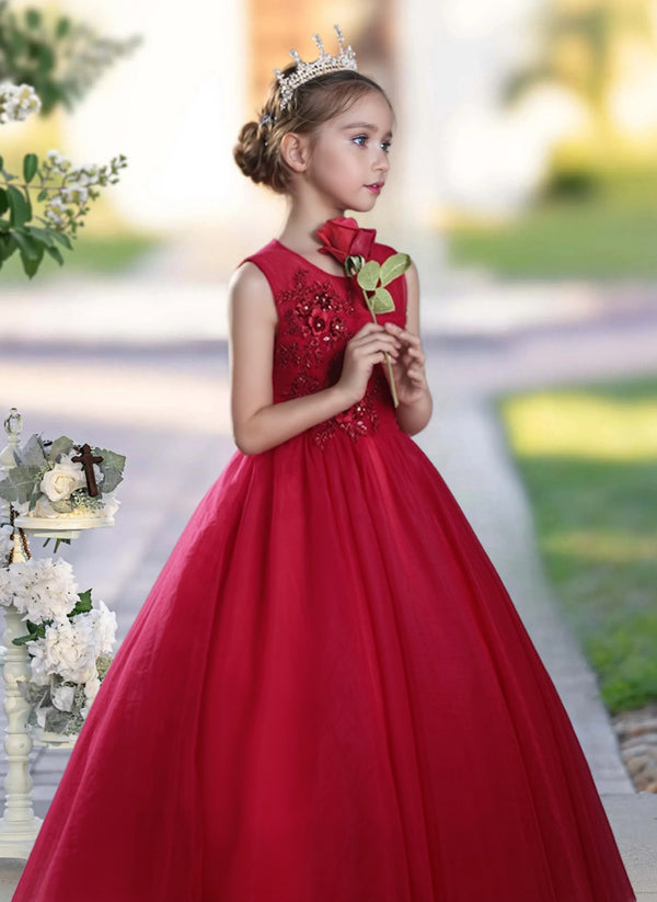 Girls Birthday Dresses Scoop Neck Sleeveless Floor-Length Tulle Ball Gown With Pleated/3D Flower Girls Gidiondress