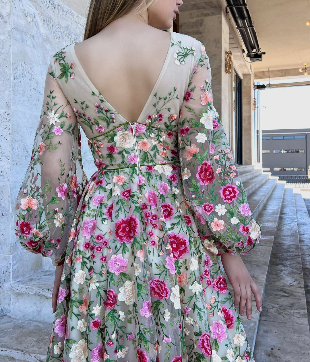A-Line/Princess V-Neck Long Sleeves Floral Formal Champagne Party Dresses With Flowers BabaMila