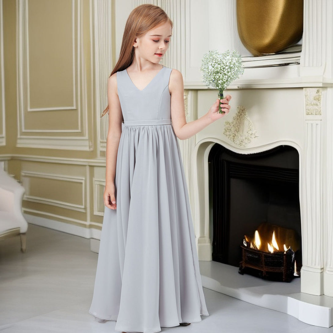 Simple A-Line V-Neck Sleeveless Floor-Length Chiffon Junior Bridesmaid Dress/Girls Birthday Dresses With Belt Gidiondress