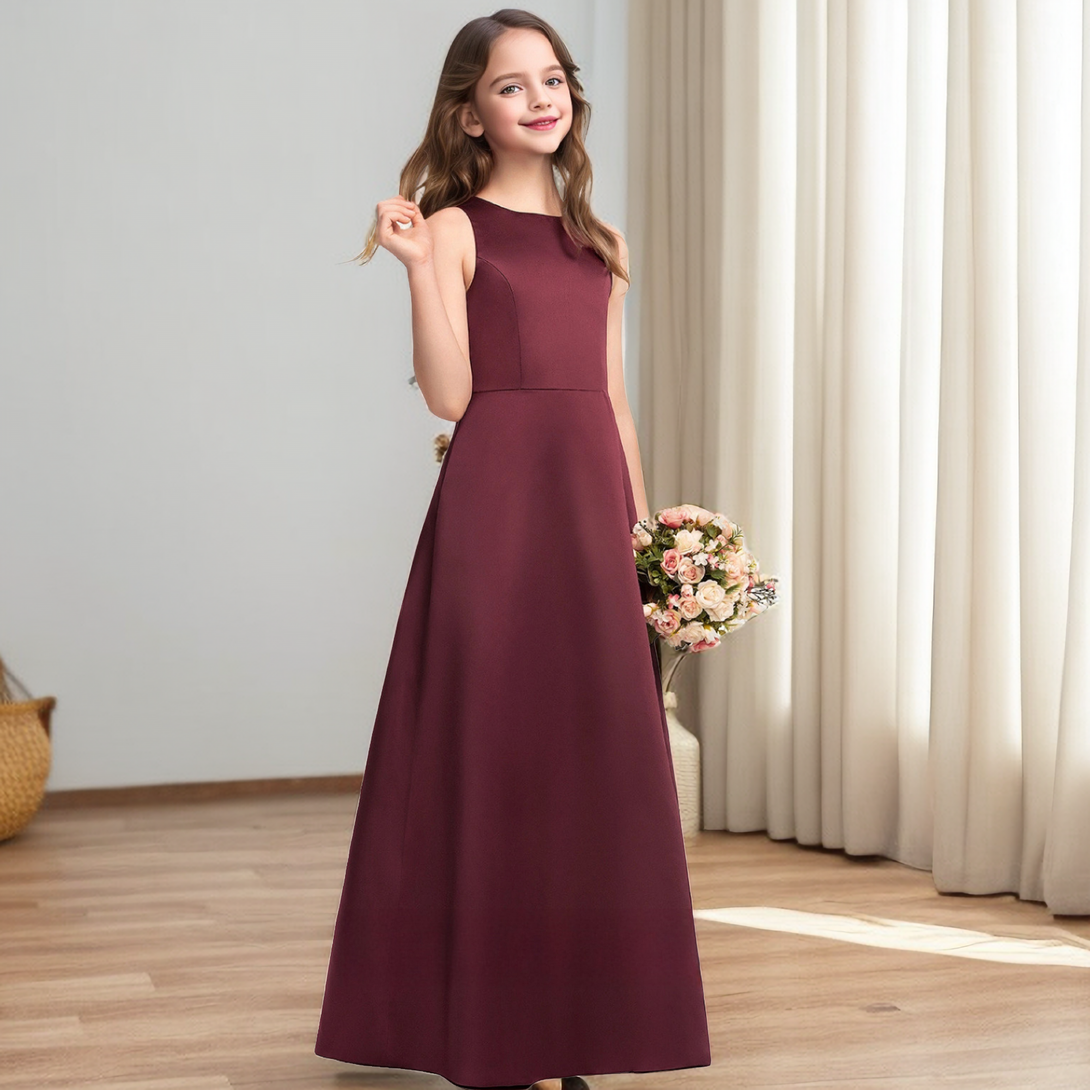A-Line Sleeveless Scoop Neck Simple Floor-Length Satin Junior Bridesmaid Dress/Girls Birthday Dresses Girls Gidiondress