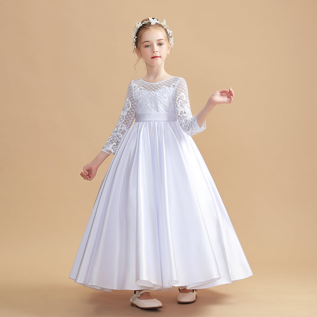 Ball Gown Long Sleeve Scoop Neck Floor-Length Tulle/Satin/Lace Flower Girl Dresses/First Communion Dress With Appliques/Belt Girls Gidiondress White 12M