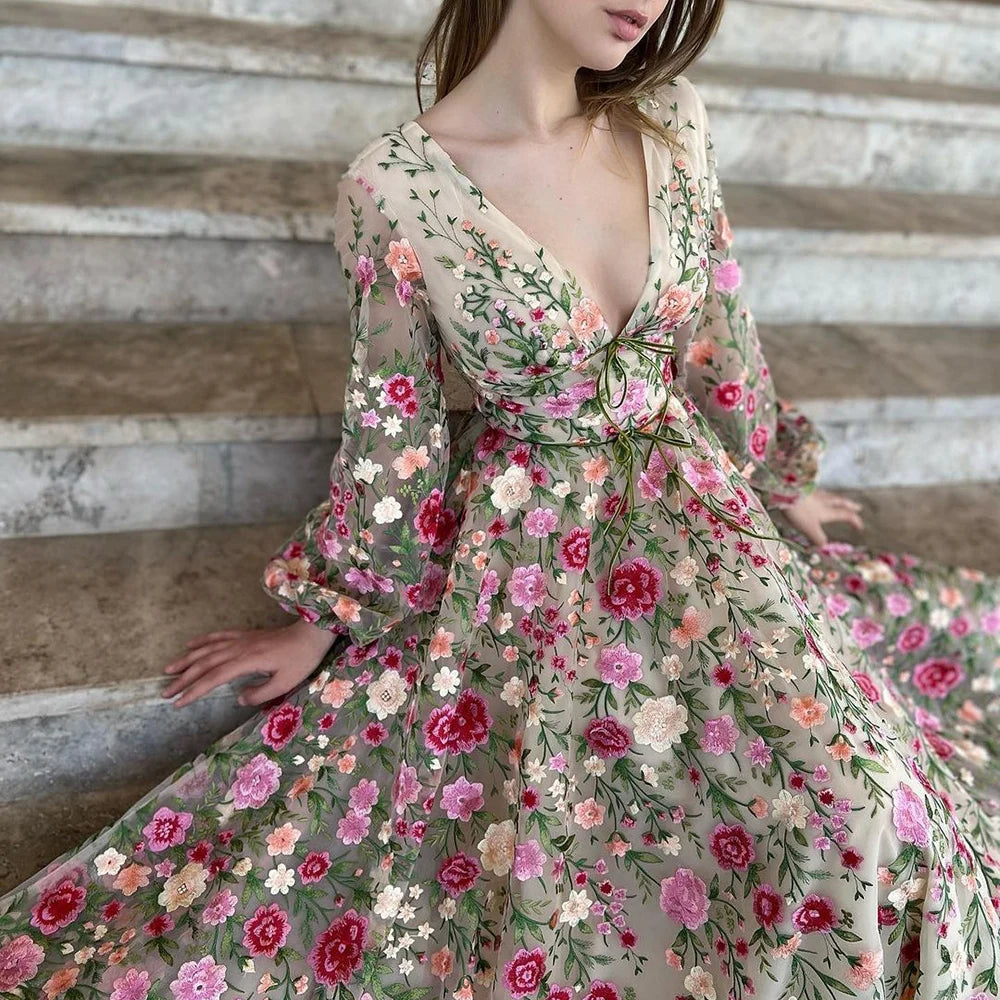 A-Line/Princess V-Neck Long Sleeves Floral Formal Champagne Party Dresses With Flowers BabaMila