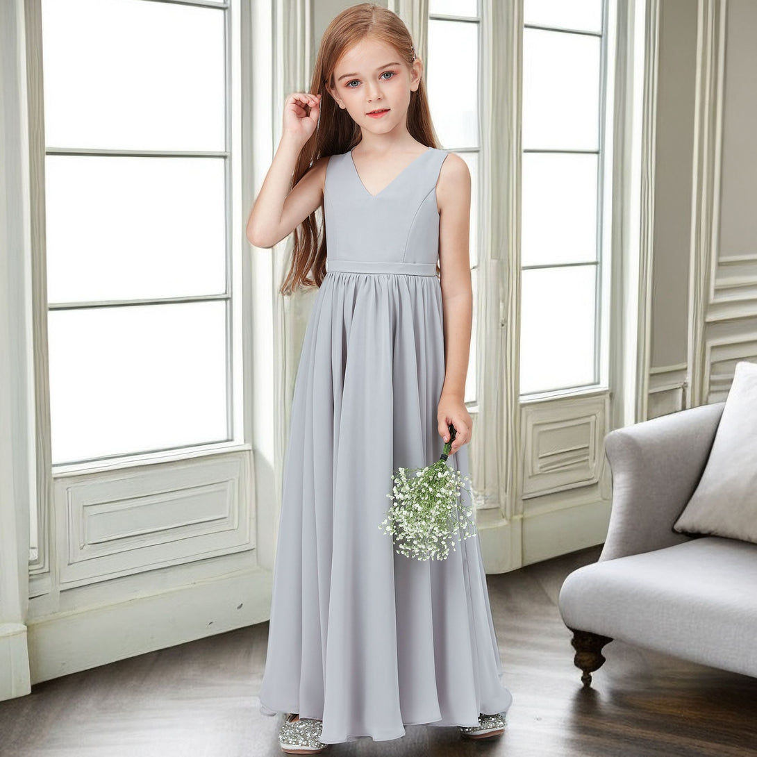 Simple A-Line V-Neck Sleeveless Floor-Length Chiffon Junior Bridesmaid Dress/Girls Birthday Dresses With Belt Gidiondress