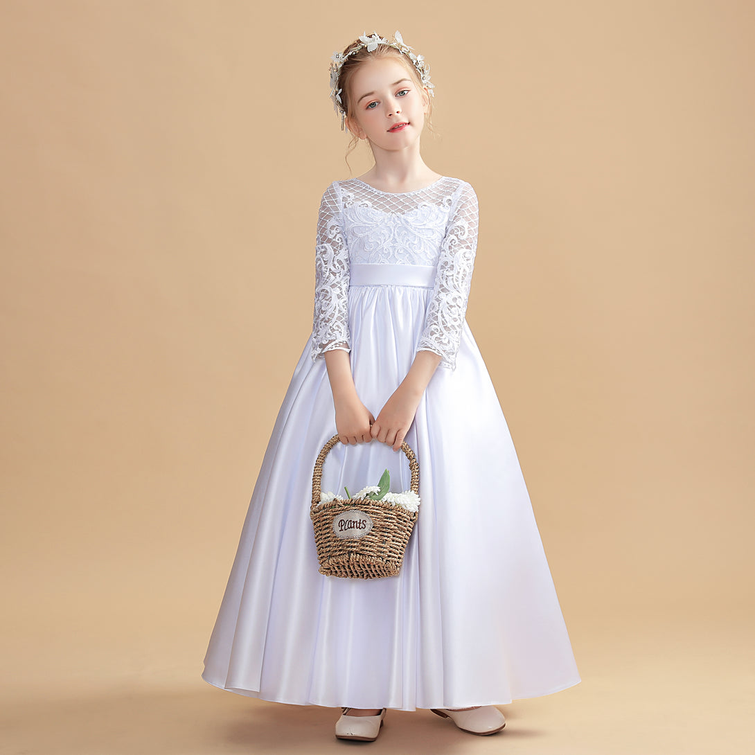 Ball Gown Long Sleeve Scoop Neck Floor-Length Tulle/Satin/Lace Flower Girl Dresses/First Communion Dress With Appliques/Belt Girls Gidiondress