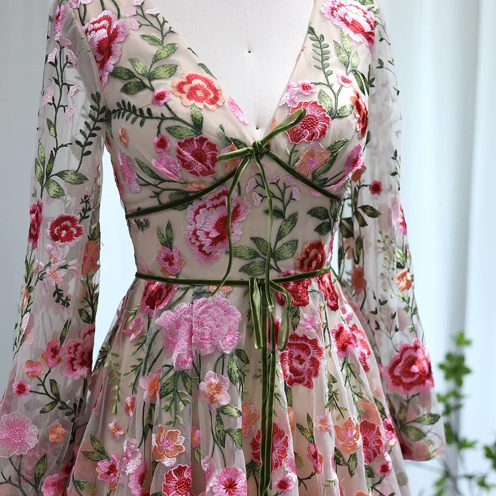 A-Line/Princess V-Neck Long Sleeves Floral Formal Champagne Party Dresses With Flowers BabaMila