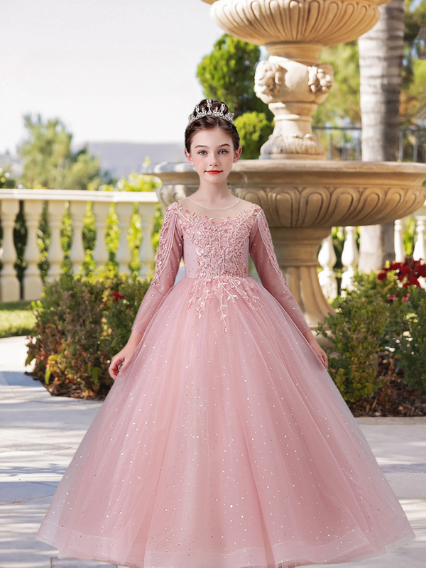 Exquisite Scoop Neck Long Sleeve Flower Girl Dress Floor-Length Lace/Printed Tulle Ball Gown/Princess With Beads/Appliques Gidiondress