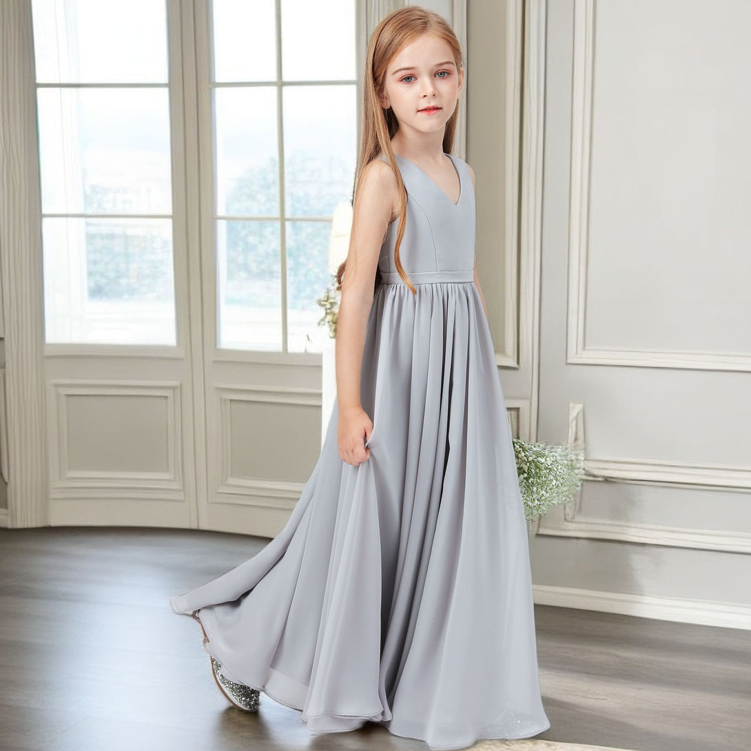 Simple A-Line V-Neck Sleeveless Floor-Length Chiffon Junior Bridesmaid Dress/Girls Birthday Dresses With Belt Gidiondress