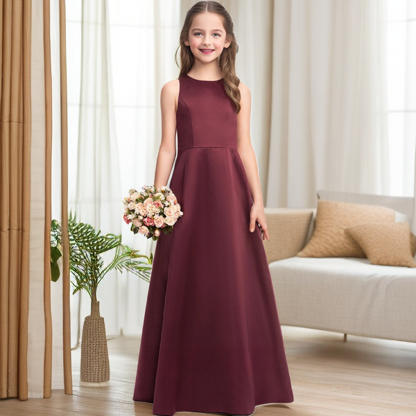 A-Line Sleeveless Scoop Neck Simple Floor-Length Satin Junior Bridesmaid Dress/Girls Birthday Dresses Girls Gidiondress as picture 12M