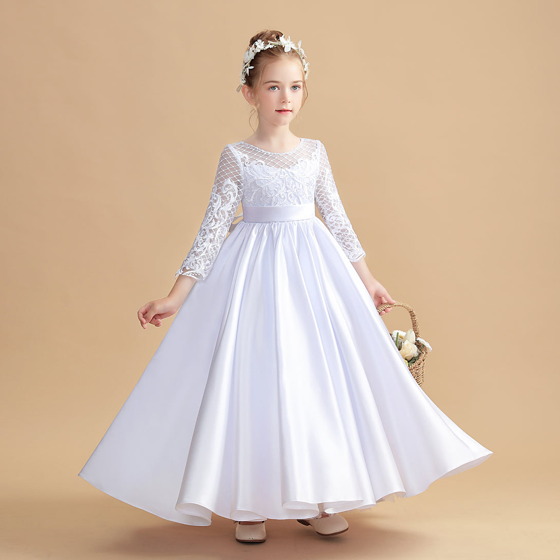 Ball Gown Long Sleeve Scoop Neck Floor-Length Tulle/Satin/Lace Flower Girl Dresses/First Communion Dress With Appliques/Belt Girls Gidiondress