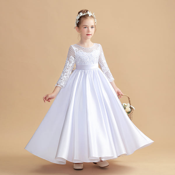 Ball Gown Long Sleeve Scoop Neck Floor-Length Tulle/Satin/Lace Flower Girl Dresses/First Communion Dress With Appliques/Belt Girls Gidiondress