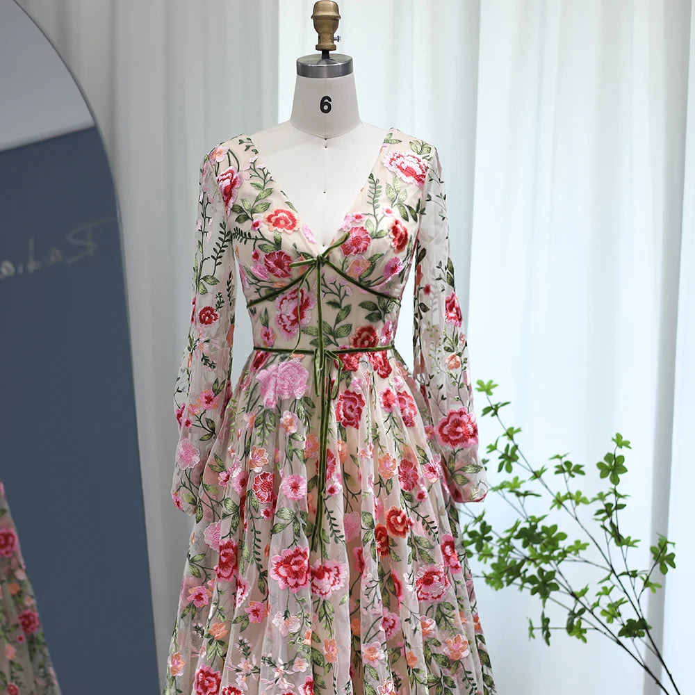A-Line/Princess V-Neck Long Sleeves Floral Formal Champagne Party Dresses With Flowers BabaMila