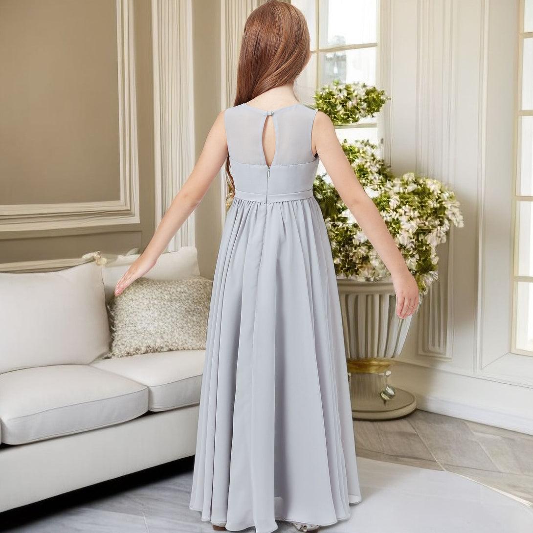 Simple A-Line V-Neck Sleeveless Floor-Length Chiffon Junior Bridesmaid Dress/Girls Birthday Dresses With Belt Gidiondress