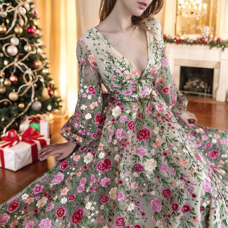 A-Line/Princess V-Neck Long Sleeves Floral Formal Champagne Party Dresses With Flowers BabaMila