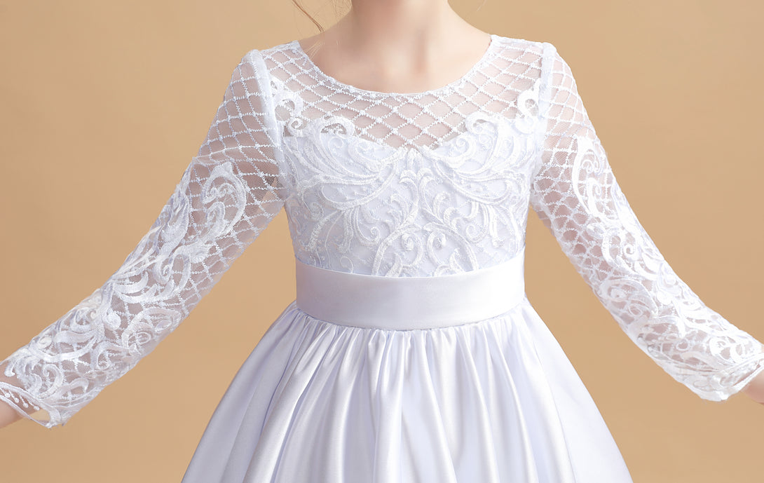 Ball Gown Long Sleeve Scoop Neck Floor-Length Tulle/Satin/Lace Flower Girl Dresses/First Communion Dress With Appliques/Belt Girls Gidiondress