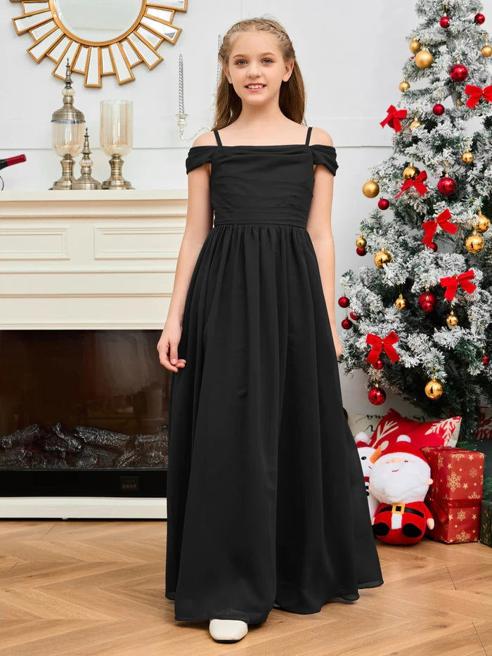 A-Line Floor-Length Chiffon Cold Shoulder Junior Bridesmaid Dress/Girls Birthday Dresses With Cape Gidiondress