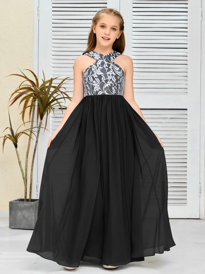 Halter Floor-Length Satin/Chiffon/Lace Junior Bridesmaid Dress/Girls Birthday Dresses Gidiondress