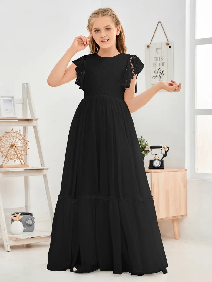 A-Line Scoop Neck Flutter straps Floor-Length Lace/Chiffon Junior Bridesmaid Dress/First Communion Dress With Lace Girls Gidiondress