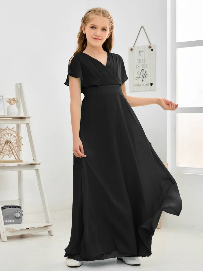 A-line V-Neck Floor-Length Chiffon Junior Bridesmaid Dress Gidiondress