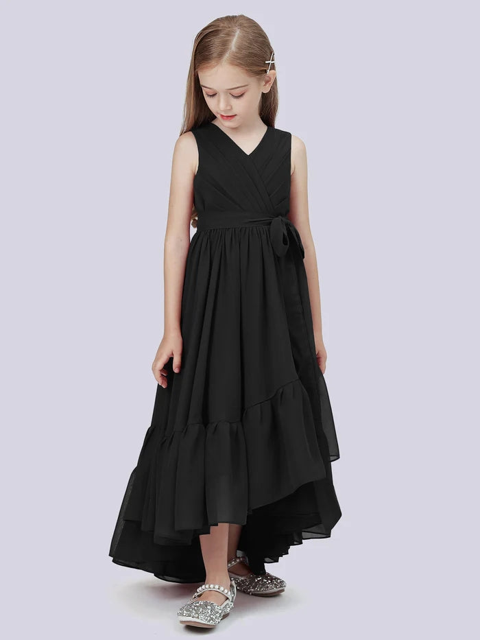 Asymmetrical Chiffon Junior Bridesmaid Dress/Girls Birthday Dresses With Pleated/Belt/Ruffled Gidiondress