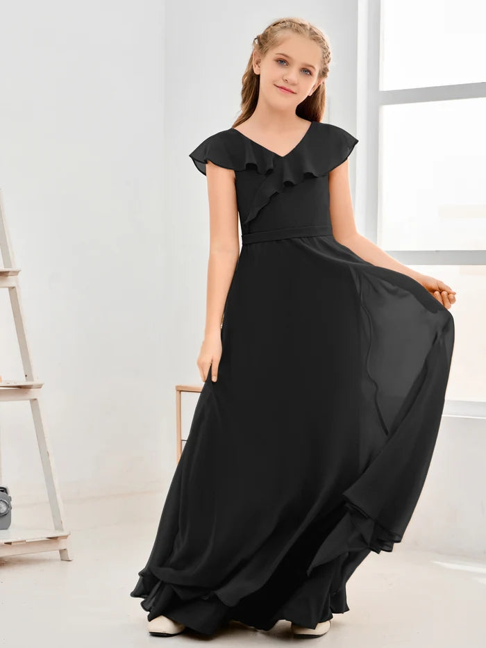 Floor-Length Chiffon Asymmetrical Junior Bridesmaid Dress/Girls Dress Gidiondress