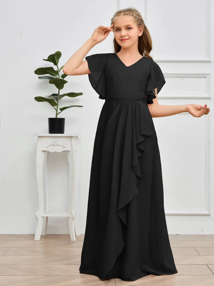 V-Neck Flutter straps Floor-Length Chiffon Junior Bridesmaid Dress/Girls Birthday Dresses Gidiondress
