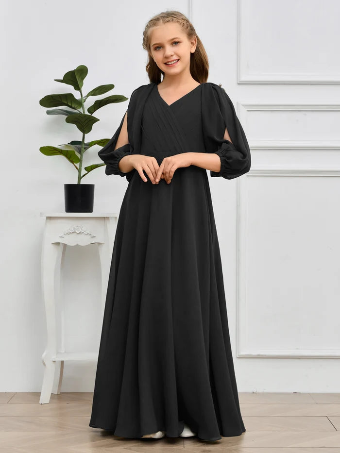 A-line V-Neck Floor-Length Chiffon Junior Bridesmaid Dresses Gidiondress