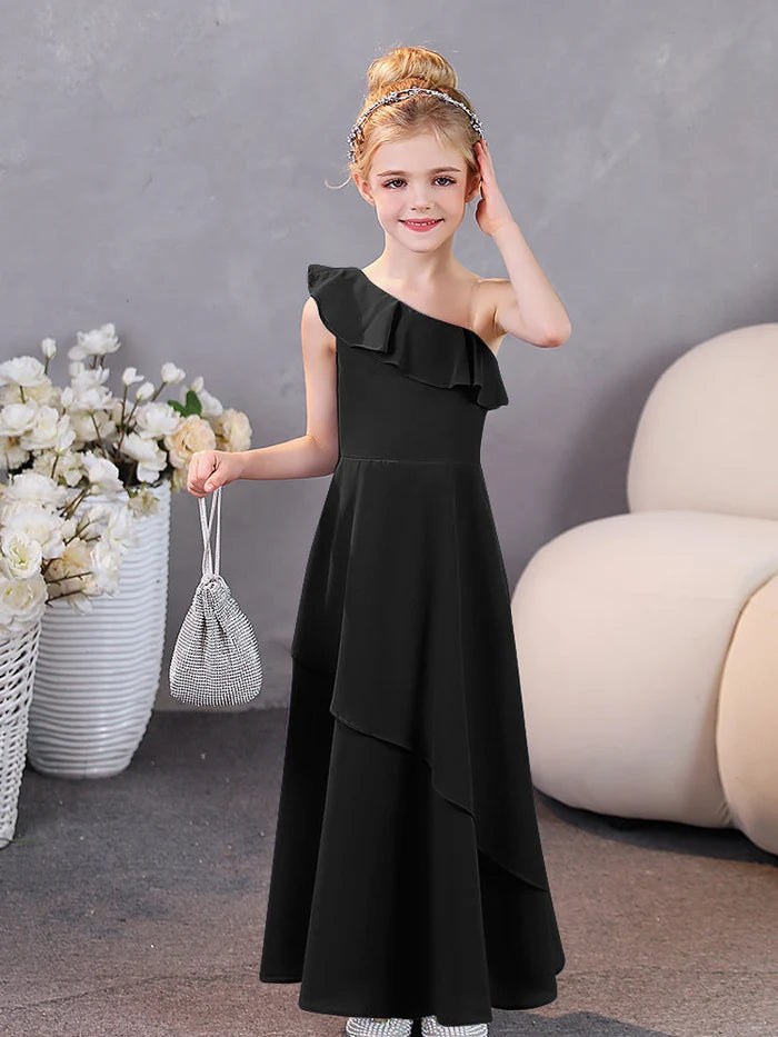 Girls Birthday Dresses One-Shoulder Sleeveless Chiffon Floor-Length Graceful Junior Bridesmaid Dress/Party Dresses With Ruffled Hem Gidiondress