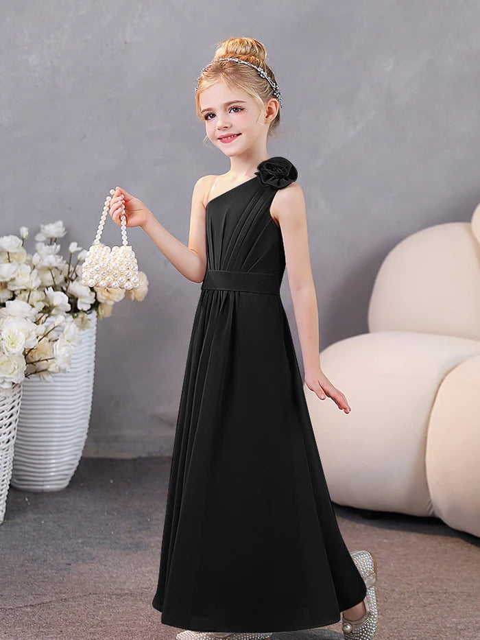 One-Shoulder Chiffon Floor-Length Junior Bridesmaid Dress/Party Dresses Gidiondress Black 12M
