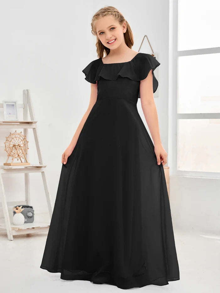 A-Line Square Flutter straps Simple Floor-Length Lilac Chiffon Junior Bridesmaid Dress/Girls Birthday Dresses Gidiondress