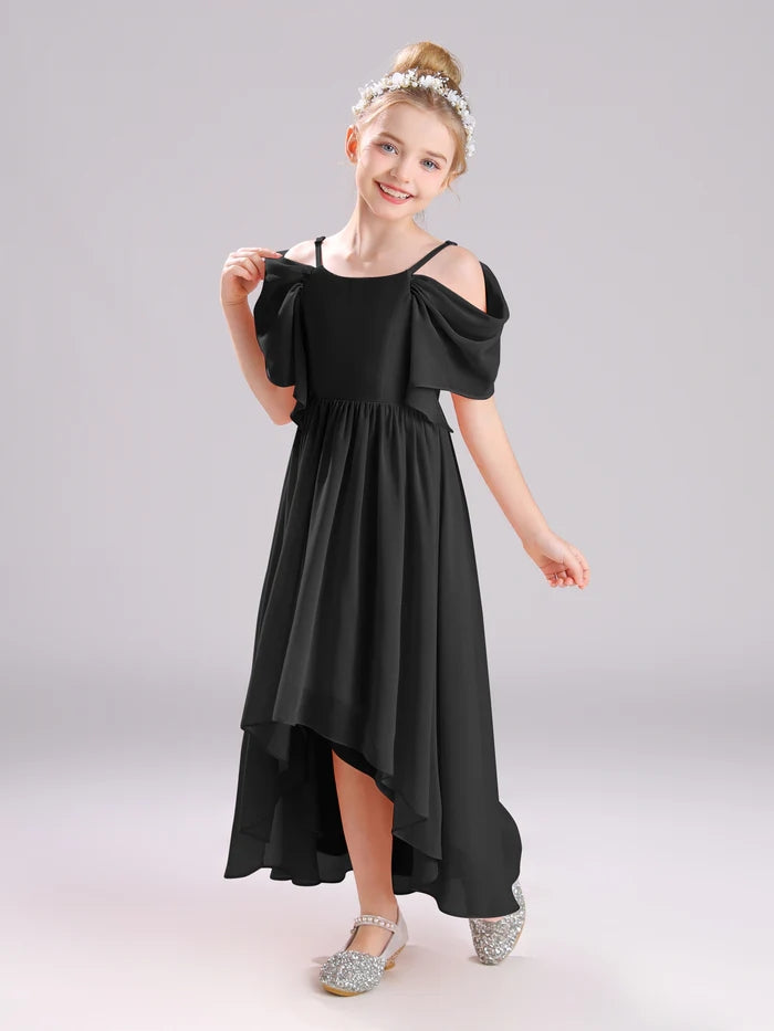 Girls Birthday Dresses Cold Shoulder Flutter Straps Chiffon Asymmetrical Junior Bridesmaid Dress/Party Dresses With Pleated Gidiondress